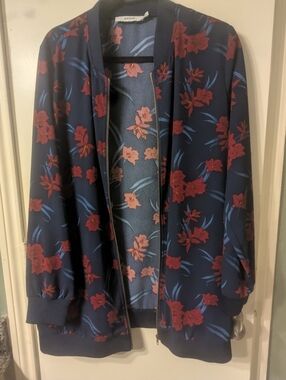 JustFab Navy Floral Bomber Jacket with Red Accents
